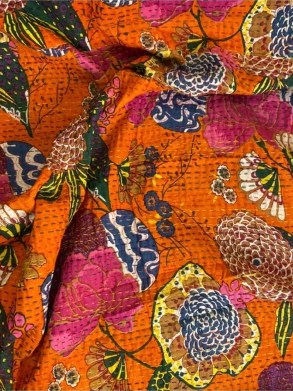 Vibrant Orange Floral Kantha Quilt Throw